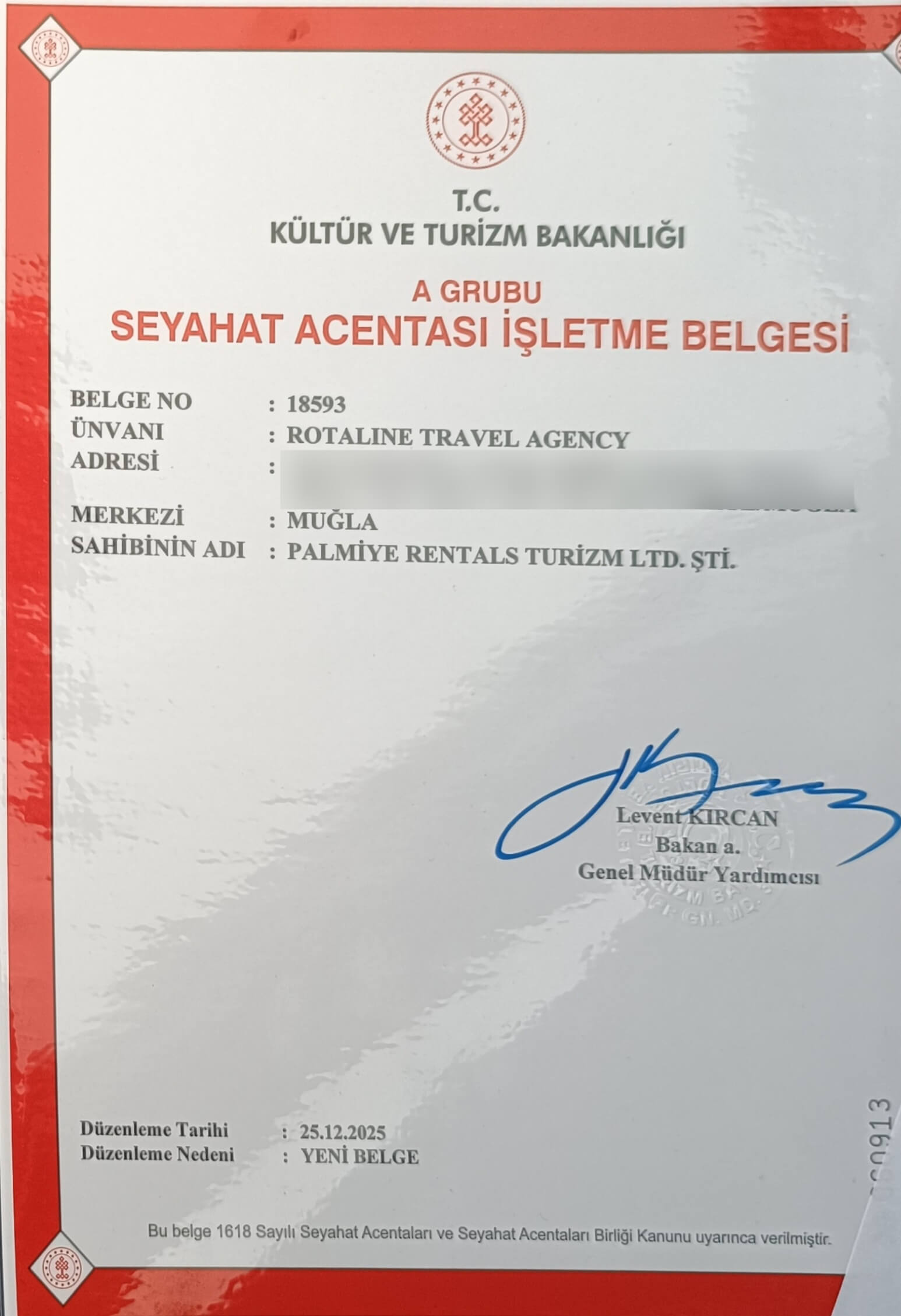 TÜRSAB Seyahat Acentası İşletme Belgesi